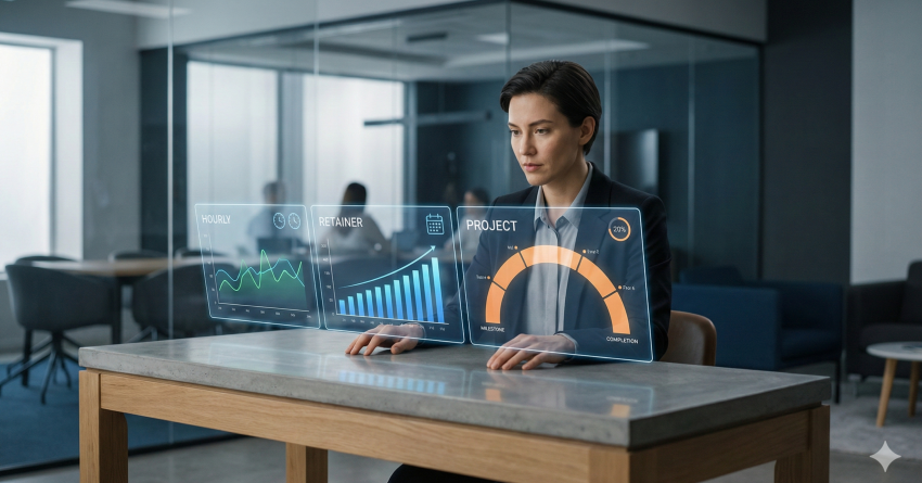 Business professional reviewing SEO pricing models on a transparent digital interface, showing hourly, retainer, and project-based performance charts, representing SEO service pricing comparison, budgeting decisions, and data-driven planning in a modern office environment.