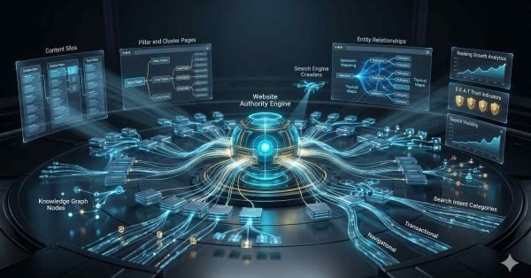 Semantic SEO and topical authority framework illustrating content silos, pillar pages, topic clusters, entity relationships, knowledge graph optimization, search intent mapping, and E-E-A-T signals to improve website authority, search engine rankings, organic visibility, and long-term content performance