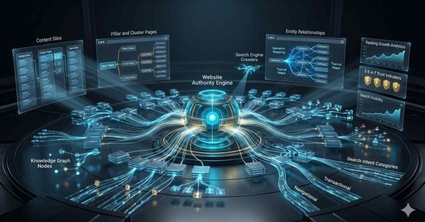 Semantic SEO and topical authority framework illustrating content silos, pillar pages, topic clusters, entity relationships, knowledge graph optimization, search intent mapping, and E-E-A-T signals to improve website authority, search engine rankings, organic visibility, and long-term content performance