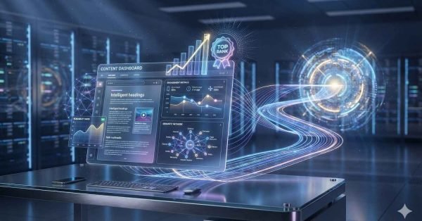 Futuristic office scene with a floating digital content dashboard showing charts, intelligent headings, SEO metrics, and a rising “Top Rank” badge, while glowing data streams flow toward a circular holographic hub, suggesting analytics-driven content optimization and search performance growth.