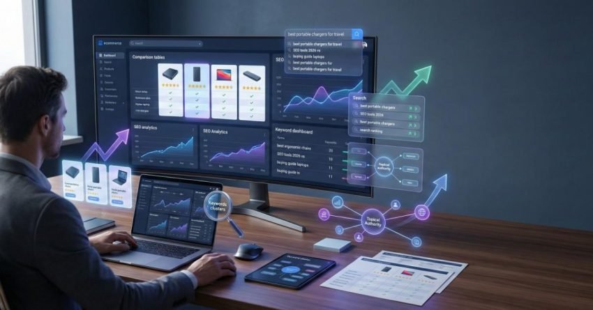Marketer working at a desk with multiple screens showing SEO dashboards, keyword rankings, comparison tables, and rising performance charts. Holographic arrows and data bubbles float around the monitors, illustrating search analysis, growth trends, and digital marketing strategy in a modern office.
