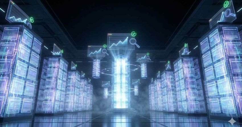 Futuristic digital data center with glowing server racks on both sides and a bright central core. Floating holographic screens display analytics charts, search icons, and upward-trending graphs, symbolizing SEO performance, data processing, AI technology, and digital growth in a high-tech environment.