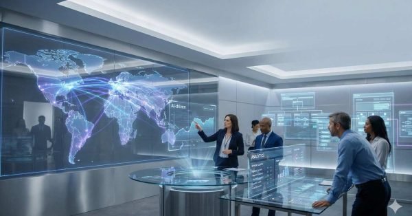 A team in a futuristic conference room studies holographic world maps and analytics dashboards as a presenter points to glowing global data connections, AI-driven charts, and workflow diagrams displayed across glass walls and interactive tables.