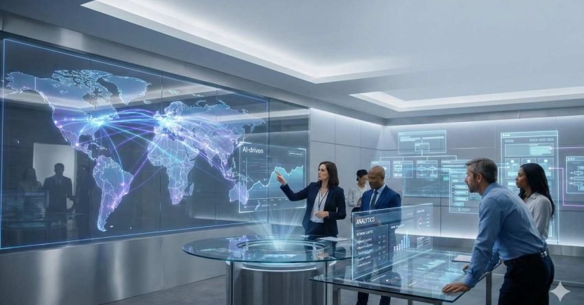A team in a futuristic conference room studies holographic world maps and analytics dashboards as a presenter points to glowing global data connections, AI-driven charts, and workflow diagrams displayed across glass walls and interactive tables.