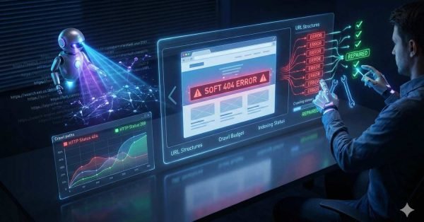 Futuristic scene of a man analyzing a “Soft 404 Error” on a large holographic screen. An AI robot projects crawl data, HTTP status graphs, and URL structures. Red error alerts turn to green repaired checks as he fixes indexing issues, symbolizing technical SEO optimization and site recovery.