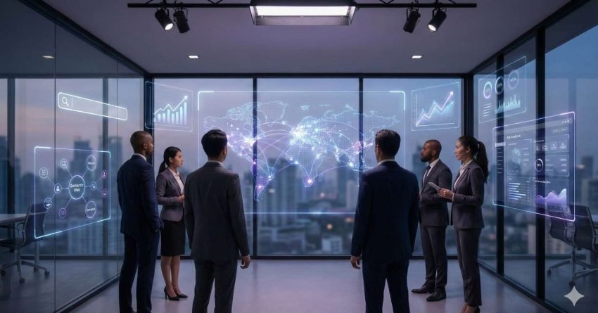 Modern boardroom scene with executives standing around holographic screens showing world maps, network connections, search interfaces, and rising analytics charts, suggesting global SEO strategy, data-driven decision making, and collaborative digital marketing planning in a high-tech office environment.