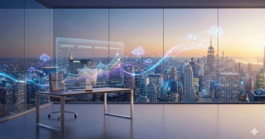 A modern office overlooks a city skyline at sunset with holographic SEO dashboards showing organic traffic, keyword rankings, and conversion funnels, while glowing data streams flow across skyscrapers, symbolizing cloud-driven analytics and large-scale digital marketing growth.
