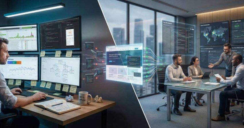 Split-screen scene showing an SEO professional analyzing dashboards, code, and performance metrics at a workstation on one side, and a team meeting on the other, discussing data-driven SEO strategy, website optimization, reporting, and growth using real-time analytics displays.