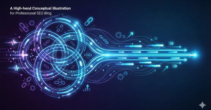 Futuristic neon illustration showing interconnected glowing circles and chain links transforming into fast-moving arrows and data streams. Blue and purple light effects, gears, analytics icons, and signal waves suggest SEO strategy, link building, and digital growth on a dark gradient background.