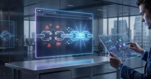 A businessman in a modern glass office analyzes a tablet displaying analytics charts while a holographic screen shows a broken digital chain with 404 error warnings. The scene symbolizes identifying and fixing broken links to restore website connectivity and performance.