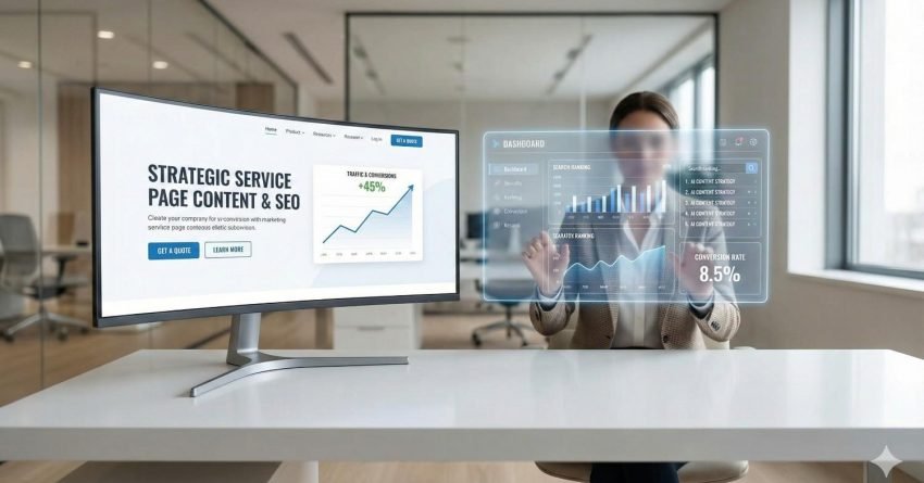 A woman sits at a desk in a modern office beside a monitor showing “Strategic Service Page Content & SEO” with traffic growth, while a transparent digital dashboard floats in front of her displaying analytics, charts, and an 8.5% conversion rate.