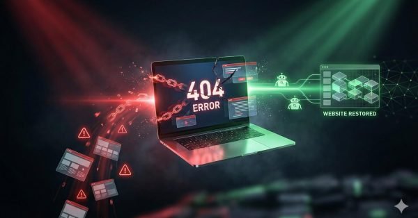 Laptop displaying a “404 Error” screen with broken chain graphics and warning icons under red lighting. A green data stream flows to the right toward “Website Restored,” symbolizing fixing broken links, resolving errors, and recovering site functionality and performance.