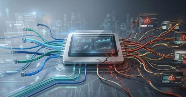 Conceptual image of a central digital dashboard connected by cables. Blue and green wires on the left show positive data flow and growth, while red, damaged wires on the right display warning signs, malware icons, and cracks, symbolizing healthy SEO versus harmful, risky link practices.