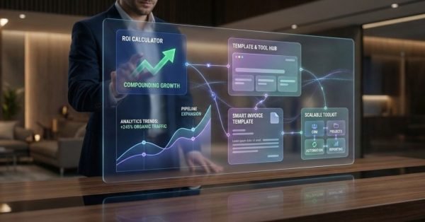 Professional executive interacting with a transparent holographic dashboard in a modern office. The interface displays ROI calculator, compounding growth charts, analytics trends, pipeline expansion, and SaaS tools like templates, invoicing, automation, and reporting, representing data-driven business growth and scalable operations