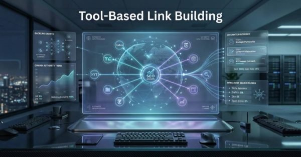 Futuristic office setup displaying a large digital dashboard titled “Tool-Based Link Building,” showing SEO growth, backlink metrics, domain authority trends, automated outreach, partnership collaboration, and intelligent search filters visualized around a connected global network interface.