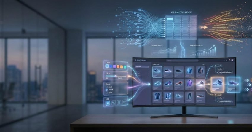 Large monitor in a modern office displays an e-commerce dashboard with shoe listings, filters, and product grids. Holographic overlays show optimized index flows, duplicate URL reduction, traffic graphs, and data streams, illustrating advanced SEO optimization and digital catalog management.