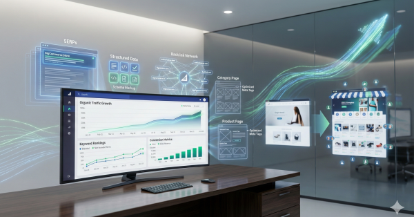 Office setup with a large monitor showing SEO dashboards for organic traffic, keyword rankings, and conversions, alongside holographic overlays for SERPs, structured data, backlinks, category pages, and optimized product listings flowing across a glass wall.