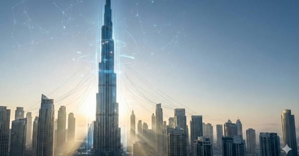 Futuristic view of Dubai skyline at sunrise featuring the Burj Khalifa at the center, surrounded by modern skyscrapers. Soft golden light and mist fill the scene, with glowing digital network lines and circular holographic elements overlaying the tower, suggesting smart city technology and connectivity.