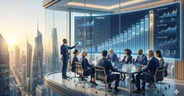 Executive team meeting in a glass high-rise boardroom overlooking a city at sunrise, reviewing a massive digital SEO ranking dashboard with rising bar charts, performance graphs, and analytics panels while one presenter points to top-ranking results.
