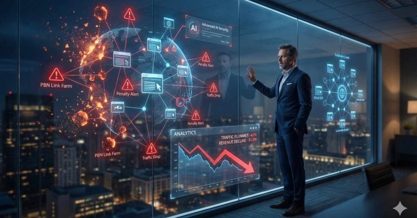Businessman in a high-rise office viewing a glass wall display showing a global network map with warning icons, penalty alerts, traffic drops, PBN link farms, and declining revenue charts, symbolizing SEO risks, algorithm penalties, and digital security analysis.