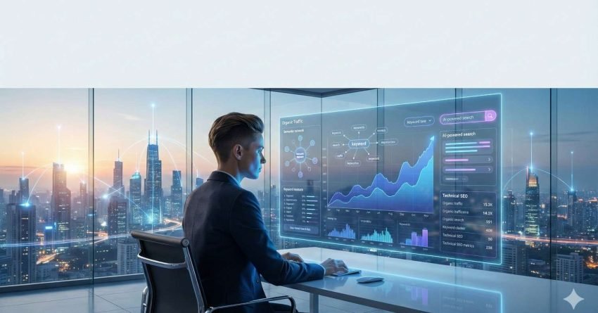 Business professional seated in a glass-walled office overlooking a city skyline, analyzing large transparent SEO dashboards with traffic graphs, keyword data, AI search metrics, and rising performance charts displayed across panoramic digital screens.