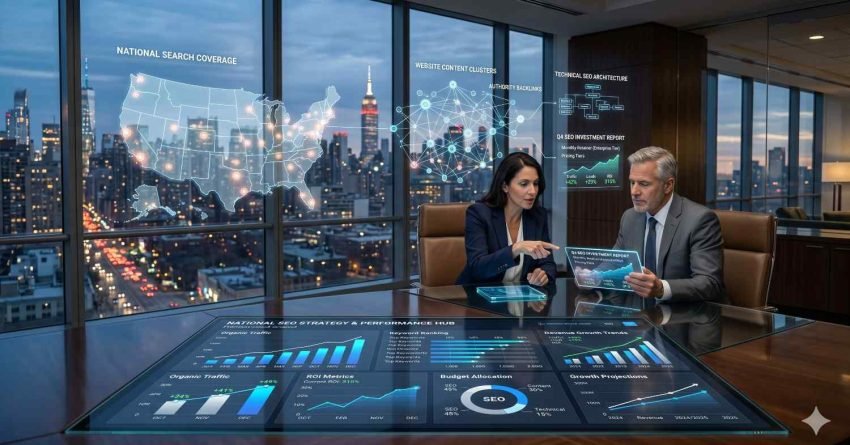 SEO executives review a national search strategy and performance dashboard in a high-rise office overlooking a city skyline. Interactive displays show nationwide search coverage, content clusters, backlink authority, technical SEO architecture, organic traffic growth, ROI metrics, budget allocation, and growth projections. The meeting emphasizes data-driven planning, visibility, and expansion.