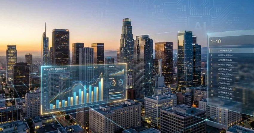 A sunset city skyline with glowing digital overlays showing an analytics dashboard, rising bar charts, ranking metrics, and a top-ten list panel, suggesting AI-driven data analysis and performance tracking across skyscrapers in a modern urban business district.