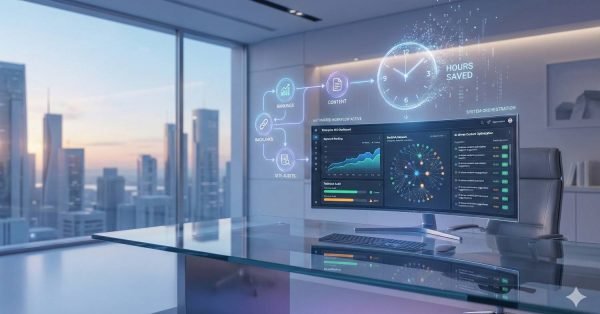 A modern office overlooking a city skyline with a large monitor displaying SEO and automation dashboards, workflow icons, charts, and a glowing clock labeled “hours saved,” reflected on a glass desk, suggesting data-driven optimization and system orchestration.
