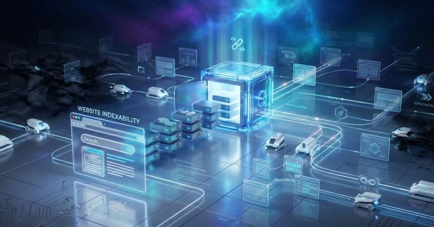 Futuristic illustration of website indexability, showing interconnected servers, data flows, and pages being processed and routed into a central indexing system, representing how search engines crawl, organize, and manage web content for visibility, canonicalization, and efficient indexing.