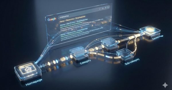 Futuristic visualization of website hierarchy showing homepage, category, subcategory, and product pages connected by glowing links. A floating Google search result displays breadcrumb navigation, illustrating structured site architecture, internal linking, and improved crawlability for better SEO visibility.