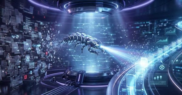 Futuristic visualization of a search engine crawler scanning vast streams of web data, with a robotic bot analyzing pages, filtering errors, processing structured information, and directing valid content into organized indexing paths, symbolizing advanced crawling, indexing, and SEO analytics.