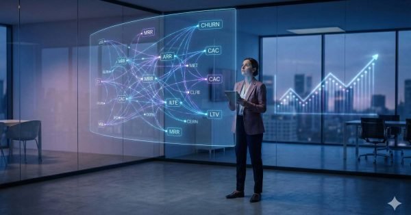 Business professional analyzing a large transparent analytics display in a modern office at night. The screen visualizes SaaS metrics like MRR, ARR, CAC, LTV, and churn connected by data lines, with upward charts in the background representing performance analysis and revenue growth