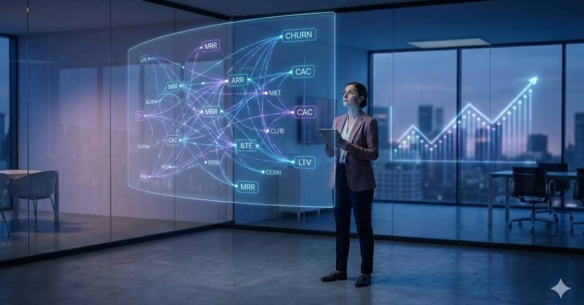 Business professional analyzing a large transparent analytics display in a modern office at night. The screen visualizes SaaS metrics like MRR, ARR, CAC, LTV, and churn connected by data lines, with upward charts in the background representing performance analysis and revenue growth
