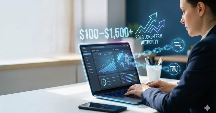 A businesswoman works on a laptop displaying SEO analytics and growth charts. A holographic overlay shows “$100–$1,500+” with “ROI & Long-Term Authority,” upward arrows, and chain link icons, symbolizing link building investment, website authority, and measurable search performance growth.