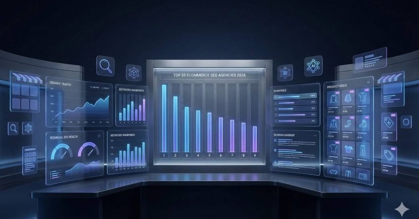 Futuristic dark-themed dashboard with glowing panels showing charts for organic traffic, keyword rankings, technical SEO health, and a central bar graph titled “Top 5 Ecommerce SEO Agencies 2026,” alongside product grids and analytics widgets in a high-tech interface.
