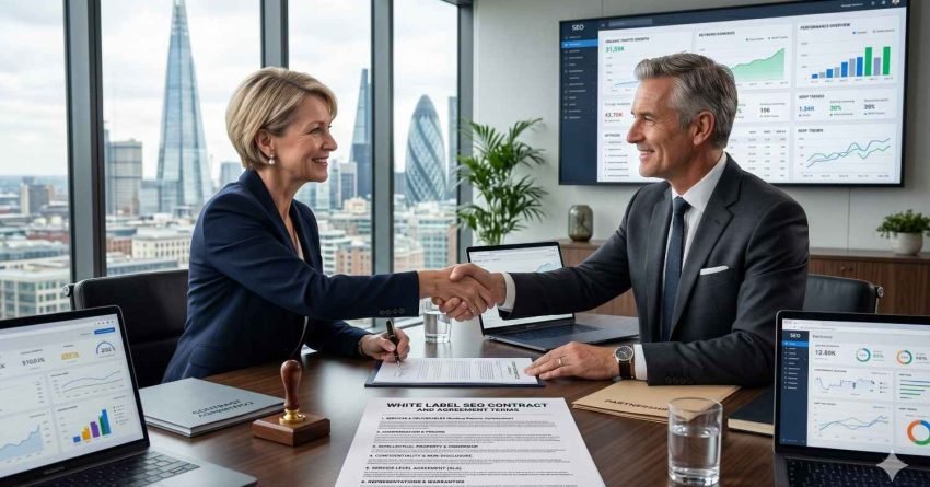 Two business professionals shake hands across a conference table after signing a white label SEO agreement. Digital dashboards display website traffic, keyword rankings, analytics, and performance metrics. Laptops and documents surround the meeting. A city skyline is visible through large office windows, symbolizing partnership, growth, and business success.