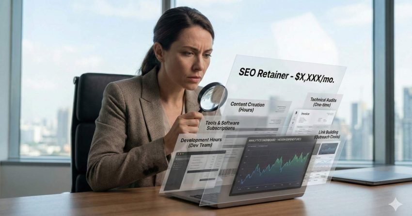 Business professional at a desk examines transparent holographic SEO reports with a magnifying glass, reviewing retainer pricing, analytics graphs, technical audits, content hours, and link-building costs, with a city skyline visible through office windows, emphasizing SEO strategy analysis and budgeting.