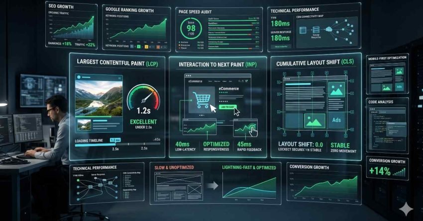 Core Web Vitals dashboard analyzing Largest Contentful Paint (LCP), Interaction to Next Paint (INP), Cumulative Layout Shift (CLS), page speed optimization, mobile-first performance, and technical SEO metrics to improve user experience, search rankings, website speed, and conversion rates.