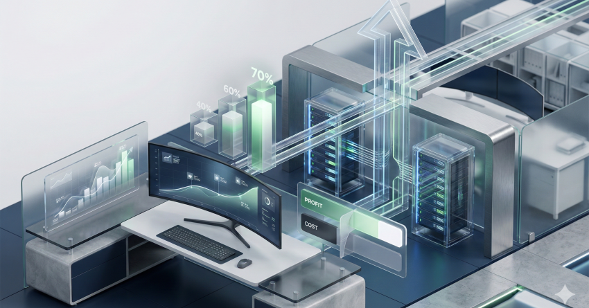 Abstract data center and analytics workspace showing upward growth charts, profit and cost metrics, and connected digital pipelines, representing scalable SEO infrastructure, ROI measurement, performance optimization, and data-driven business growth through professional search engine optimization strategies.