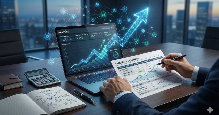 A professional reviews financial planning documents at a desk while a laptop displays rising analytics charts and revenue metrics. A glowing digital network and upward arrow overlay symbolize business growth, increased traffic, and improved performance in a modern office setting.