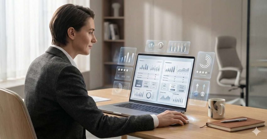 Professional seated at a wooden desk using a laptop displaying analytics dashboards, charts, and ratings. Transparent holographic data panels float around the screen in a bright, modern office with notebook and coffee mug nearby.