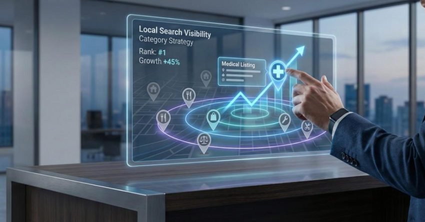 Business professional pointing at a holographic dashboard labeled local search visibility, showing a city map, ranking number one, growth plus forty five percent, medical listing details, location icons, and an upward trend arrow inside a modern office overlooking the skyline.