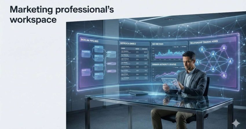 Marketing professional seated at a glass desk in a futuristic office, using a tablet while large transparent screens display backlink pipelines, outreach emails, SEO metrics, domain authority graphs, and relationship networks, with glowing digital connections surrounding the workspace.