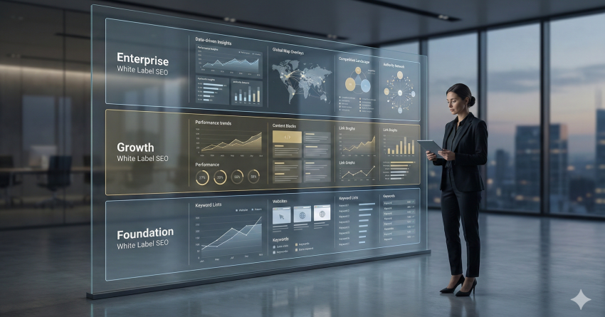 Business professional reviewing a large white label SEO dashboard displaying foundation, growth, and enterprise service tiers with performance trends, keyword data, and analytics, representing scalable white label SEO solutions, data-driven reporting, and enterprise-level search engine optimization strategy.