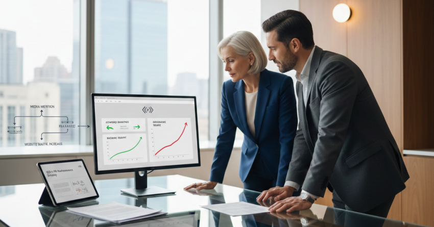 Two business professionals reviewing SEO performance data on a monitor, showing traffic growth comparisons and optimization results, representing collaborative SEO strategy planning, performance analysis, and data-driven decision-making for improving website visibility and organic growth.