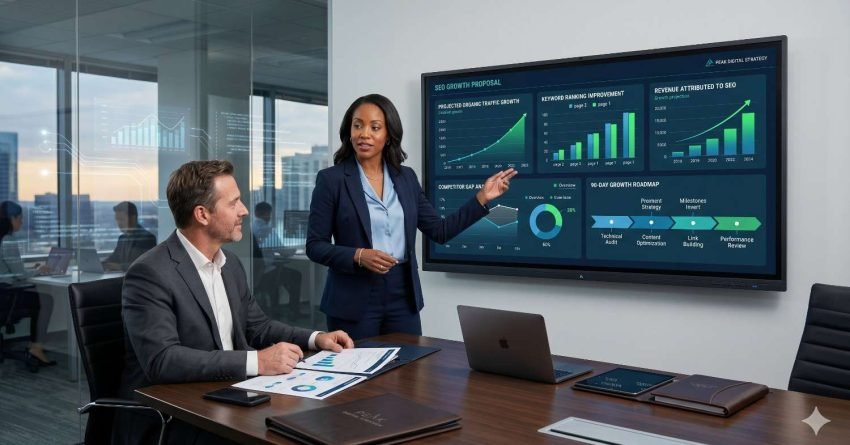 Business professionals discuss an SEO growth proposal in a modern conference room. A presenter explains projected organic traffic growth, keyword ranking improvements, revenue gains, and strategic milestones using a digital dashboard. A colleague reviews supporting reports at the table. The meeting highlights data-driven planning, performance tracking, and business growth initiatives.