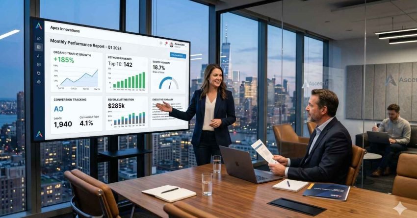 Professional business presentation in a modern conference room overlooking a city skyline. A presenter reviews a quarterly performance report featuring organic traffic growth, keyword rankings, search visibility, lead generation, and revenue metrics. Colleagues analyze results during a meeting, while digital dashboards display marketing analytics and business performance insights.