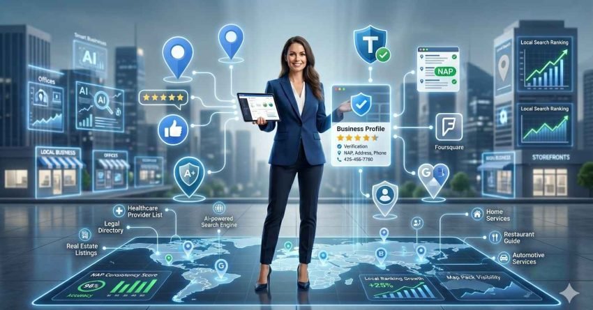 Local SEO and citation management concept featuring a business professional surrounded by digital business profiles, location markers, customer reviews, trust signals, and directory listings. Interactive graphics display NAP consistency, local search rankings, map pack visibility, reputation management, and business verification. The illustration emphasizes local search optimization, credibility, and online discoverability.
