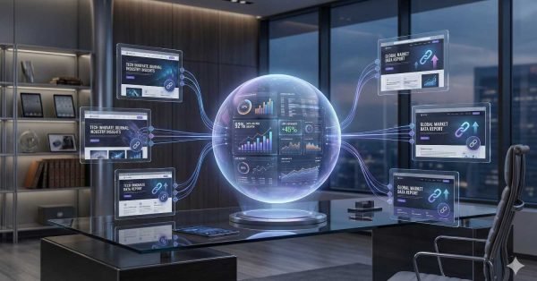 Futuristic office with a glowing holographic sphere displaying analytics dashboards at the center of a glass desk. Connected screens show global market reports and industry insights. Blue digital lines link the displays, representing data networks, backlinks, and real-time analytics driving business growth.