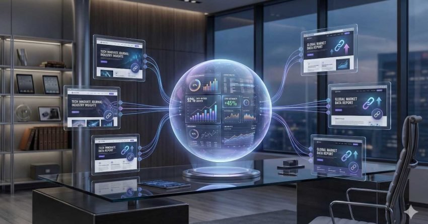 Futuristic office with a glowing holographic sphere displaying analytics dashboards at the center of a glass desk. Connected screens show global market reports and industry insights. Blue digital lines link the displays, representing data networks, backlinks, and real-time analytics driving business growth.